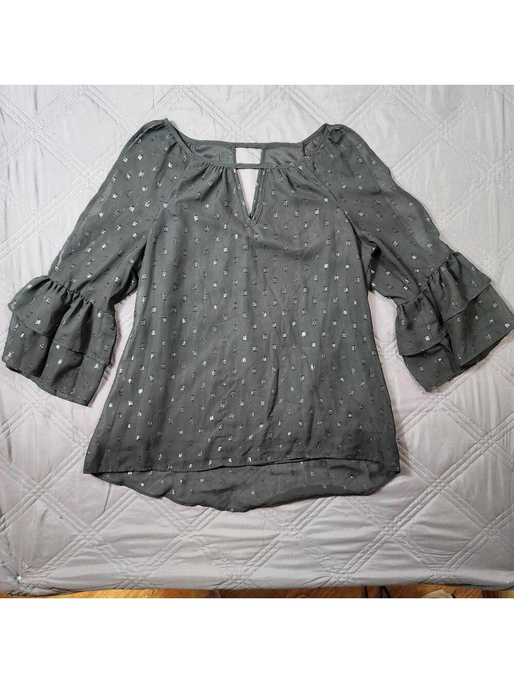 IZ Byer Black Sheer 3/4 Ruffle Sleeve Blouse Top Whimsigoth Fairy Chic Medium
